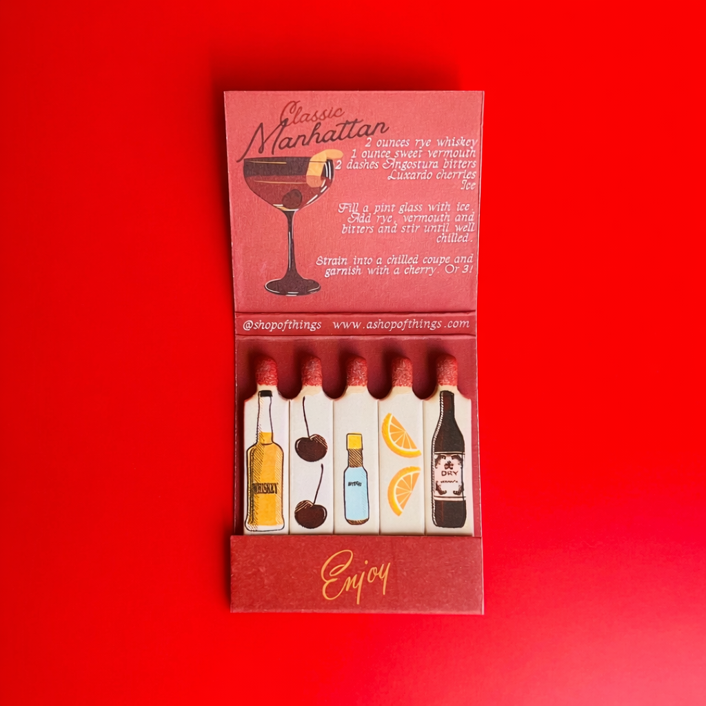Inside of Manhattan cocktail matchbook showing illustrated matches and the recipe on the inside cover