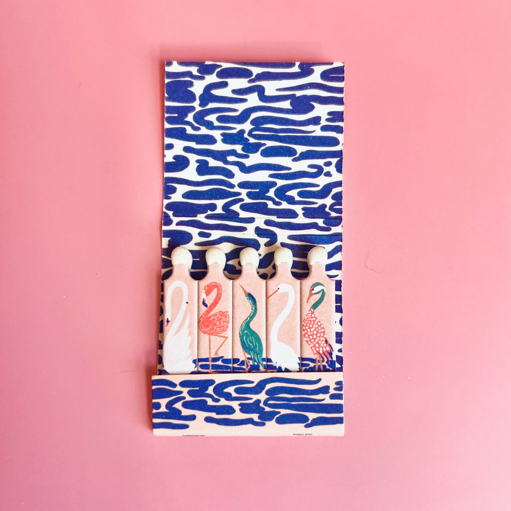 Inside of exotic birds matchbook featuring five different birds depicted on each matchstick