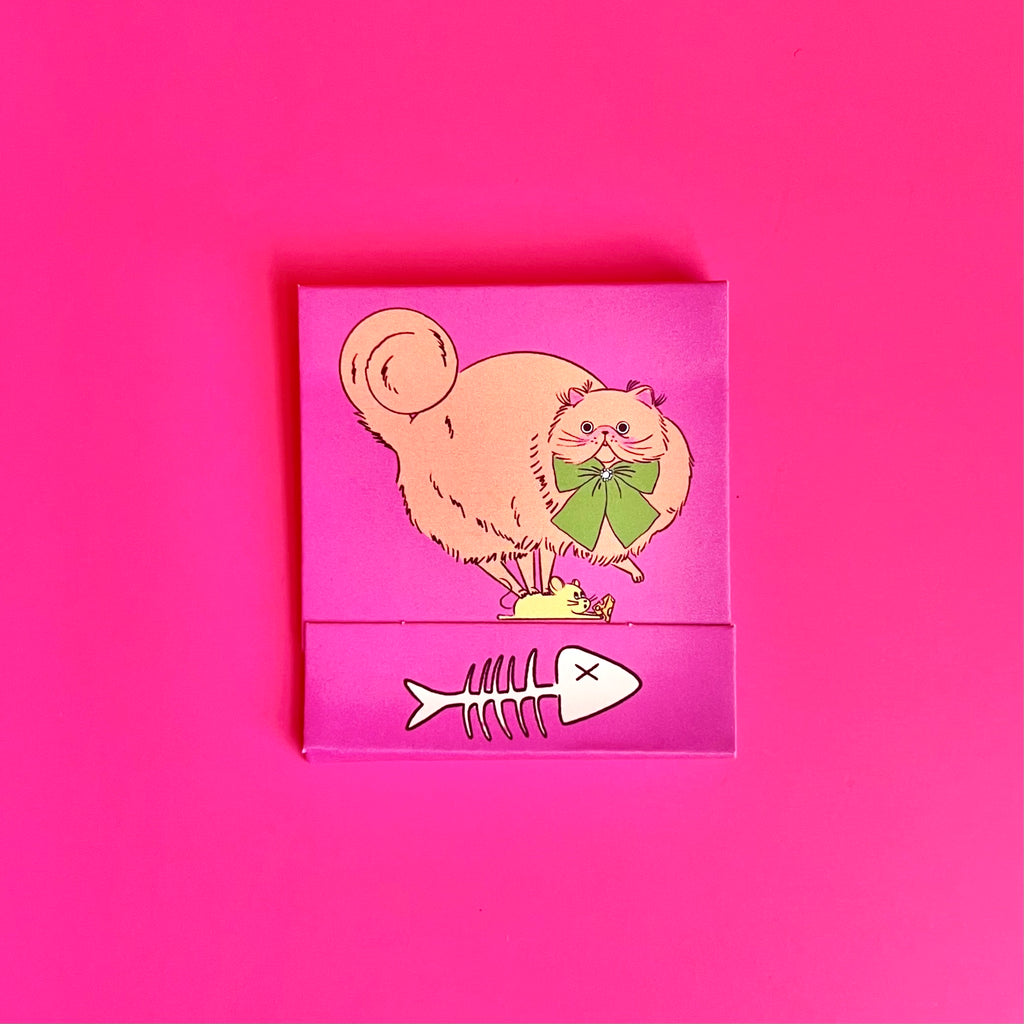 Front of cat matchbook featuring an orange cat with fish bones on the bottom 