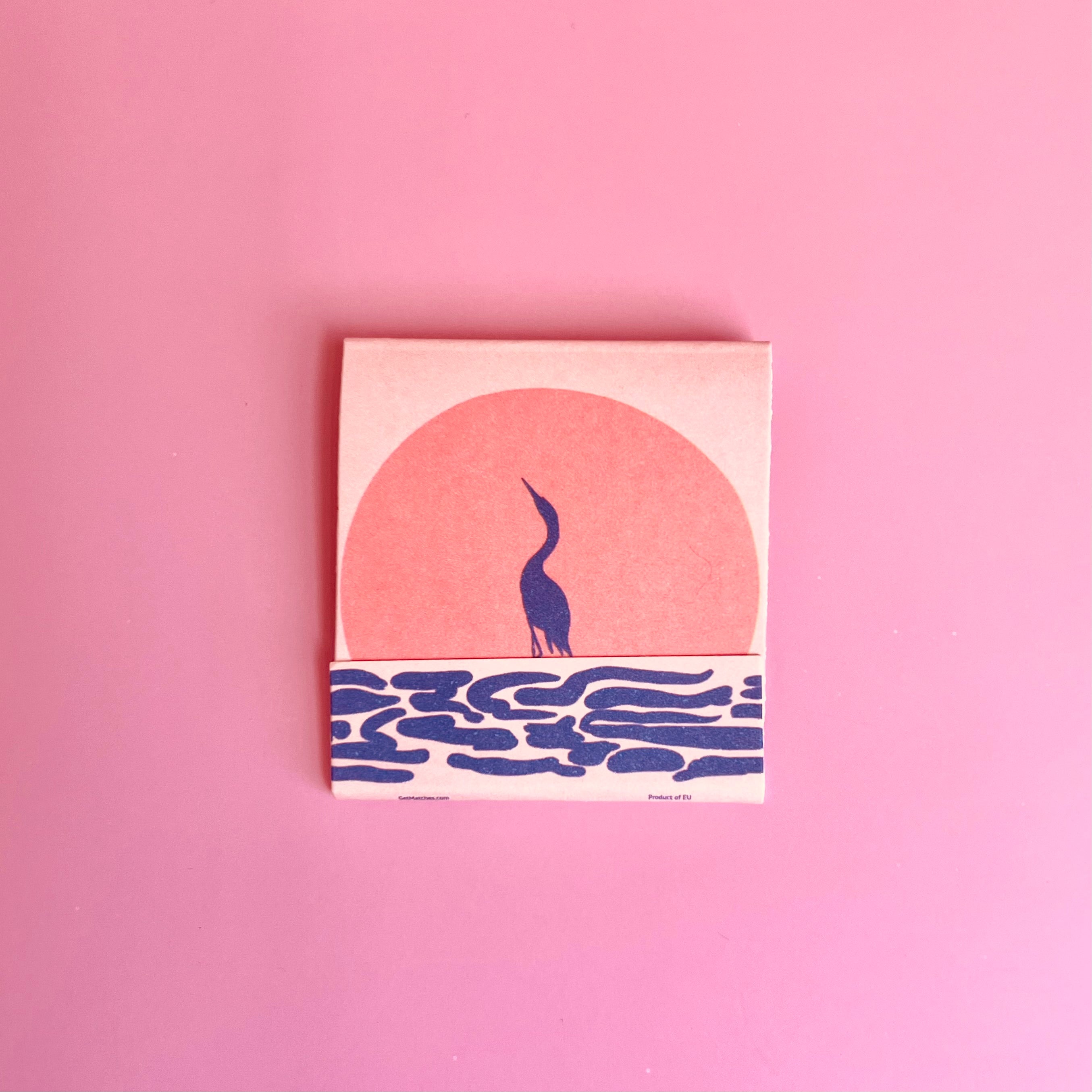 Front of the Exotic Birds matchbook  featuring a blue heron